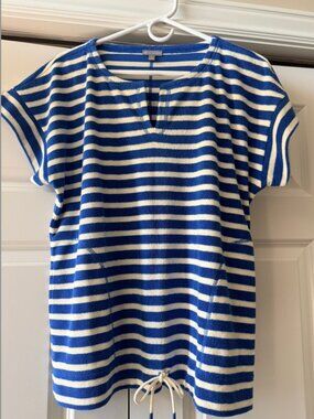 T by Talbots Blue White Striped Terry Cloth Top | Drawstring Hem | Large